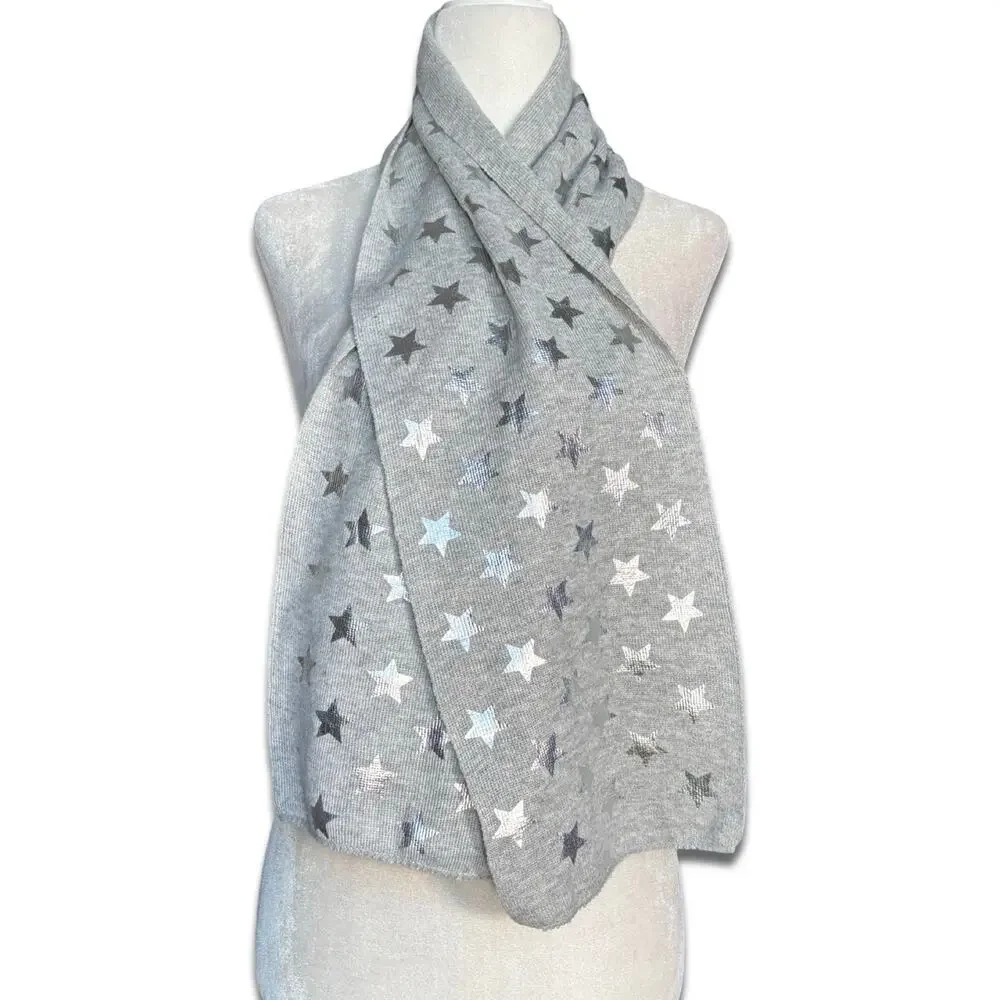 Gray Star Print Knit Scarf Soft Lightweight Neutral Silver Metallic Warm Winter